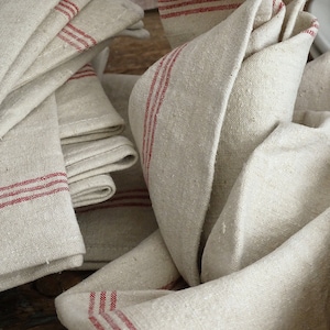 Antique French Linen Tea Towel: Red Stripe Homespun Kitchen Torchon