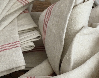 Antique French Linen Tea Towel: Red Stripe Homespun Kitchen Torchon