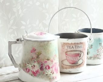 Floral Metall Milchkanne, Teekanne, Weißer Behälter mit Rosen, Blumentopf, Pflanzer, kleiner Metalleimer, Shabby Chic Dekor, Innengarten