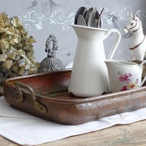 Hammered Copper Roasting Pan, Brass Handles, Rustic Farmhouse Serving Tray