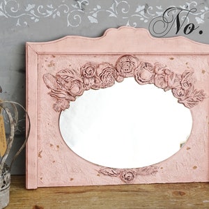 Pink French Trumeau Mirror: Floral Ornate Aged Wood, Shabby Chic