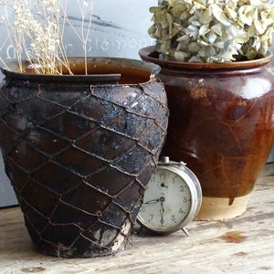 Maceta de cerámica francesa antigua, maceta rústica, jarrón de jardín de estilo campestre.