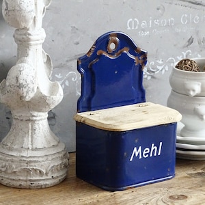 Antique Blue Enamel Salt Cellar: German Metal Kitchen Storage Box