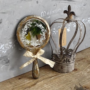Vintage Shabby Chic Hand Mirror: Aged Metal Vanity Mirror with Bow