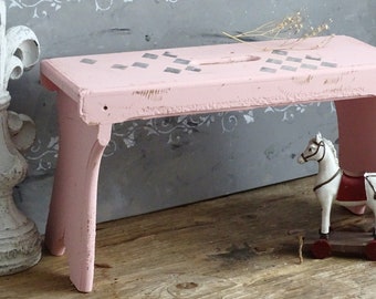 Pink Wood Step Stool, Pink Milking Stool, Shabby Chic Stool, Pink Wood Foot Rest Stool, French Farmhouse Decor, Small Wood Bench Plant Stand