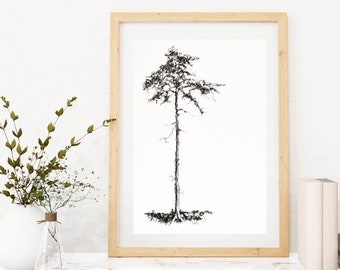 Charcoal Pine Tree Drawing, Original Sketch Pencil Pine Tree Artwork, Minimalist Abstract Tree Picture, Landscape Nature Drawing Black White