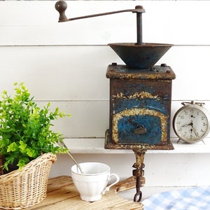 Antique Blue Coffee Grinder, Metal Coffee Mill Wood Drawer, Hand Crank Coffee Grinder, Counter Grinder, Table Top Mill, Farmhouse Kitchen