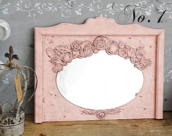 Pink Trumeau Style Wall Mirror with Flowers: Floral Ornate Aged Wood, Shabby Chic