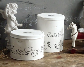 White Round Tin Can Scrolls, Shabby Chic Painted Metal Box Floral Border, Large Round Decorative Tin Container, Round Keepsake Storage Box