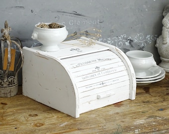 White Wood Bread Box Roll Top, Farmhouse Bread Bin, Bread Container, Breadbox, Shabby Chic Kitchen Storage Box, Countertop Bread Storage Box