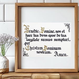 Preghiera latina prima del pasto, benedizione cattolica scritta a mano, manoscritto in calligrafia gotica