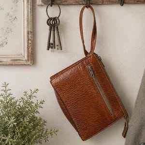 Brown Men Wristlet Faux Leather, Men Wrist Bag, Vegan Leather Clutch Purse, Retro Men Handbag, Men Wallet Satchel, Wrist Pouch, Gift for Him