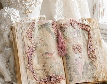 Vintage Pink Open Book Birds Design, Altered Book, Shabby Chic French Decor