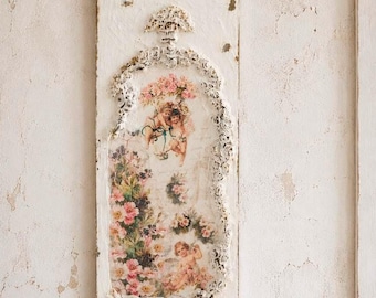 Handmade Cherub Wood Wall Art Panel, Shabby Chic Angel Fresco Style Decor