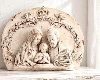 Holy Family Wall Plaque, Plaster Relief with Handmade Clay Ornaments, Distressed Religious Decor