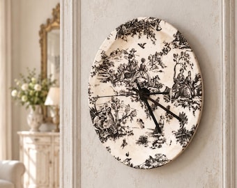 Round Ceramic Wall Clock, Beige Black Toile de Jouy, French Country Kitchen Decor, 1970s Pastoral Wall Art