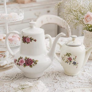 Antique Czech Porcelain with Flowers HC Haas Czjzek, Bavaria Kronester Floral Porcelain Tea Pot Pink Roses, White Blue Teapot, Coffee Pot