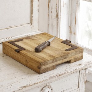 Vintage Butcher Block Chopping Board, Antique Iron Corner Protectors, Farmhouse Kitchen Prep Serving Board