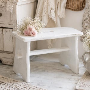 Taburete de madera blanca primitiva: decoración rústica moderna de granja, soporte para plantas