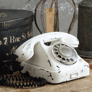 White Bakelite Rotary Telephone: Distressed MCM Office Decor