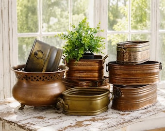 Vintage Hammered Copper Planter with Brass Handles - Boho Indoor Garden