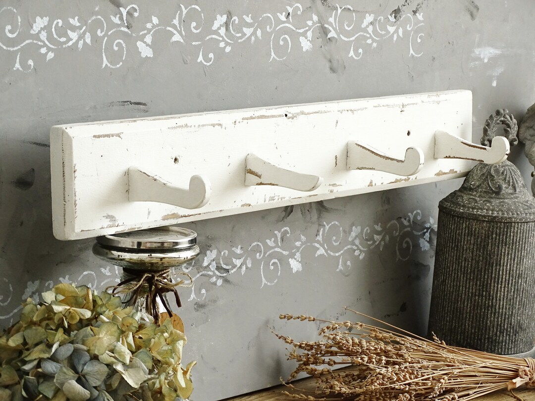 Shabby Chic Coat Rack Pegs Hooks, White Wood Hat Rail Rack, Wall Mount