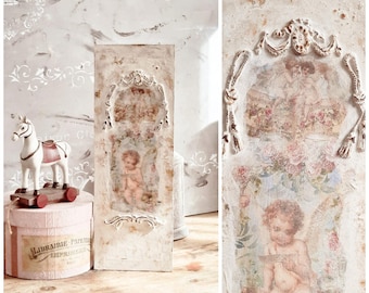 Painel de parede artesanal com querubins franceses, decoração romântica estilo campestre francês, arte de parede texturizada em estilo shabby chic, decoração de casa de campo tradicional.