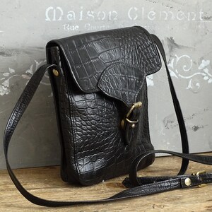 Black Leather Crossbody Purse: Embossed Italian Satchel Bag