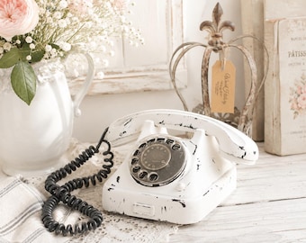 White Bakelite Rotary Telephone: Distressed MCM Office Decor