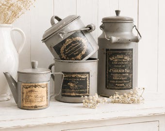 Gray Metal Kitchen Container French Label, Canister Jar, Vase, Coffee Pot, Teapot Tea Pot, Milk Jug, Milk Can, Shabby Chic Kitchen Decor