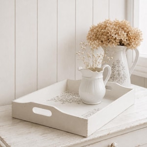 White Carved Wood Serving Tray: Distressed Shabby Chic Country Cottage Decor