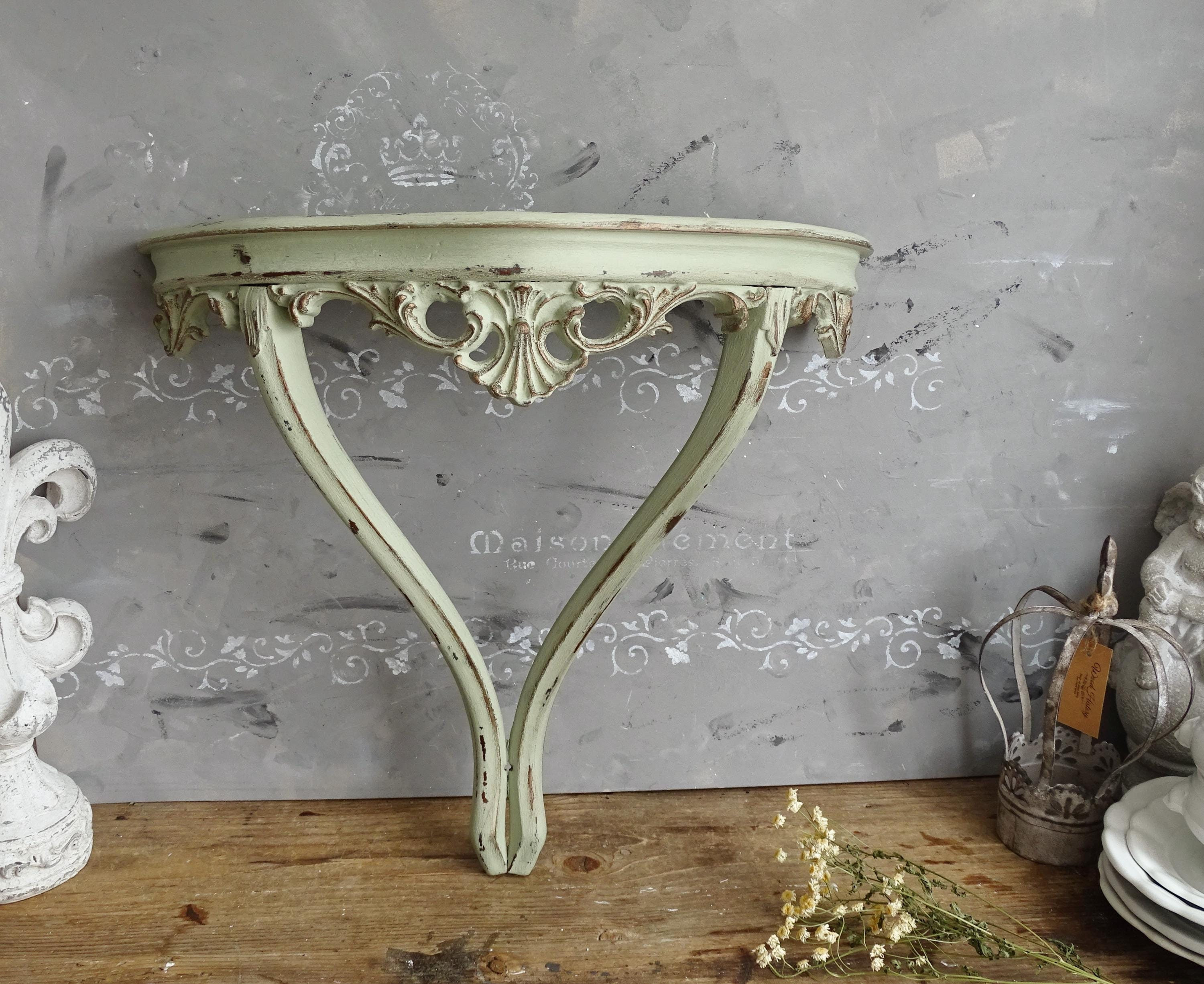 イタリア【Fioretta　フィオレッタ】　真鍮鷲装飾フレーム　センターテーブル Green Italian Wall Console Table, Florentine Console Table Shelf