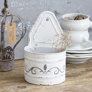White Enamel Salt Cellar Wall Hanging Box, Wall Pocket, Painted Distressed Shabby Chic Kitchen Storage Box