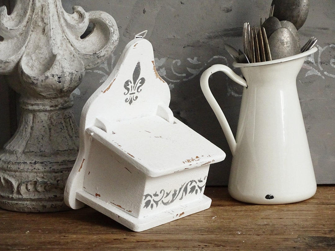 Shabby Chic Wood Salt Box, Wood Wall Hanging Box, Wall Pocket, White
