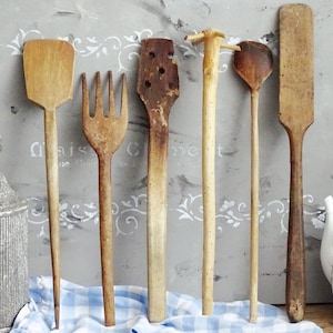 Antique Hand Carved Wood Kitchen Utensils: Primitive Farmhouse Decor