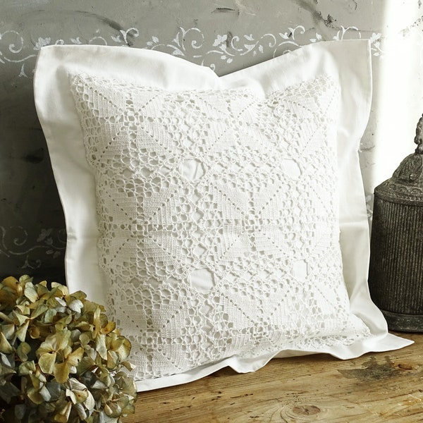 Coussin décoratif en dentelle au crochet 16-16, Coussin romantique en dentelle, jeté de canapé décoratif, housse de coussin en dentelle blanche, décoration shabby chic