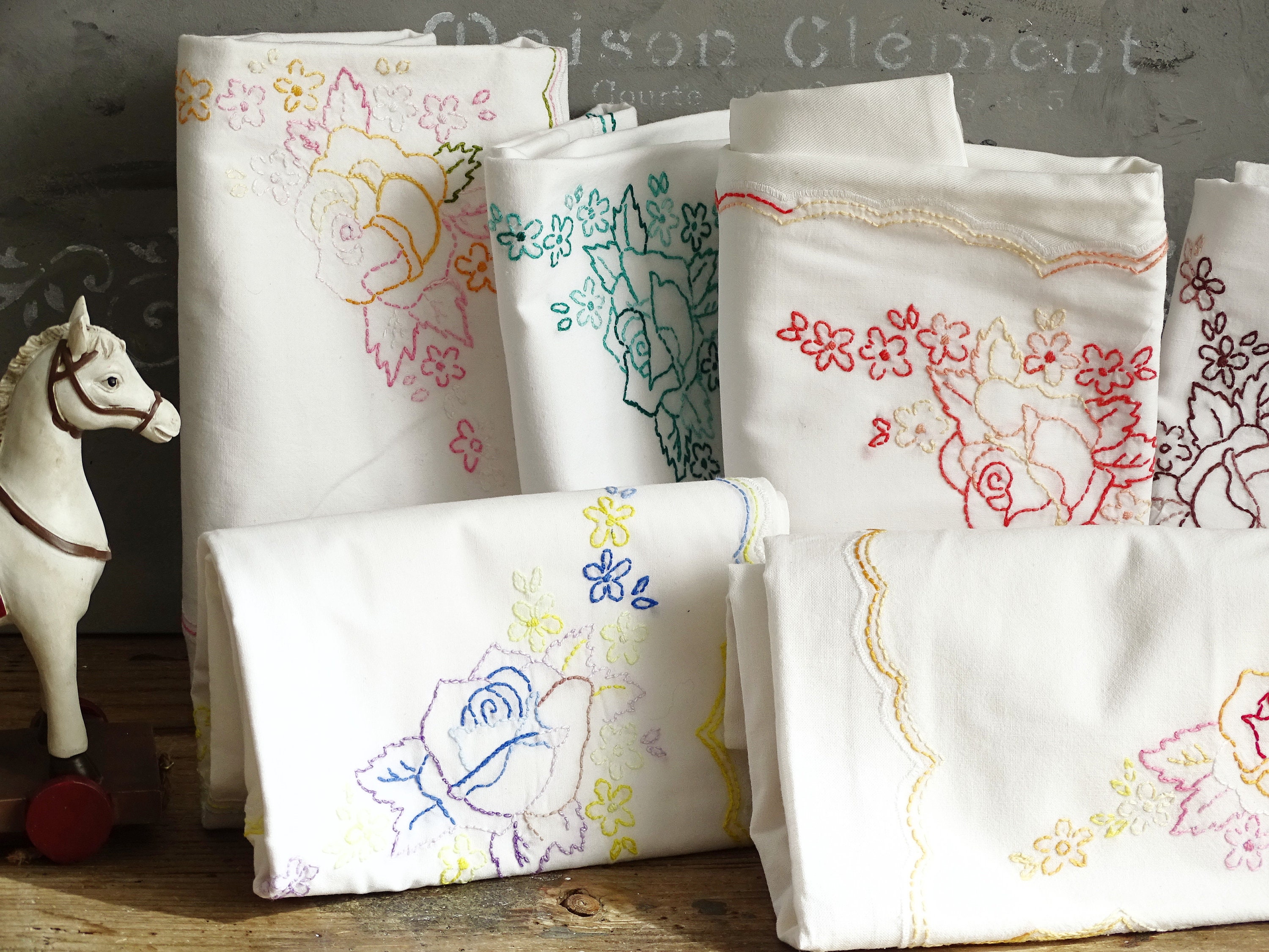 Vintage Embroidered Floral Pillowcase: White Cotton Bed Linen