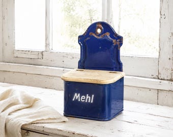 Salero antiguo de esmalte azul, bodega: caja de almacenamiento de cocina de metal alemán