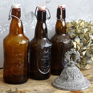 Brown Glass Beer Bottle Swing Stopper, Vintage Beer Brewing Bottle Porcelain Swing Top, Old Bottle Wire Bail Stopper, Embossed Glass Bottle