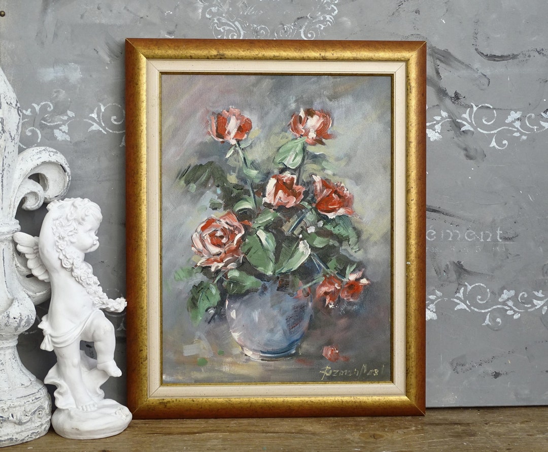 Red Roses Oil Painting Original Vintage Art, Framed Signed Floral Still ...