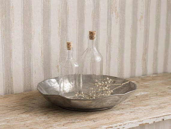 Hand Hammered Pewter Bowl Embossed Grape, Scalloped Italian Metal Serving Dish