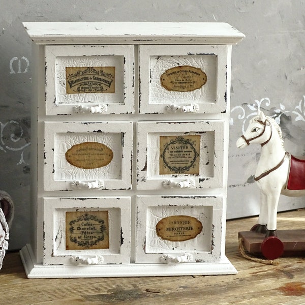 Organiseur de bijoux en bois blanc, boîte de rangement pour bagues, armoire à bijoux, commode 6 tiroirs, boîte de rangement souvenir, déco de coiffeuse boudoir