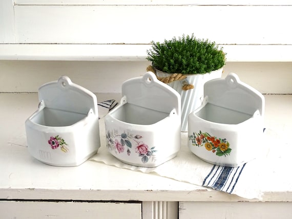 Floral Ceramic Salt Box Cellar Wall Hanging Salt Storage White