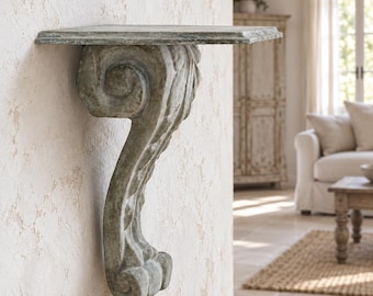Carved Wood Corbel Shelf, Bracket Sconce Shelf Wall Hanging, Distressed Blue