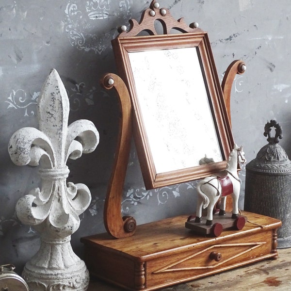 Antique Vanity Wood Mirror Drawer, Ornate Standing Mirror, Swivel Dressing Table Mirror, French Boudoir Bedroom Mirror, Art Nouveau Mirror