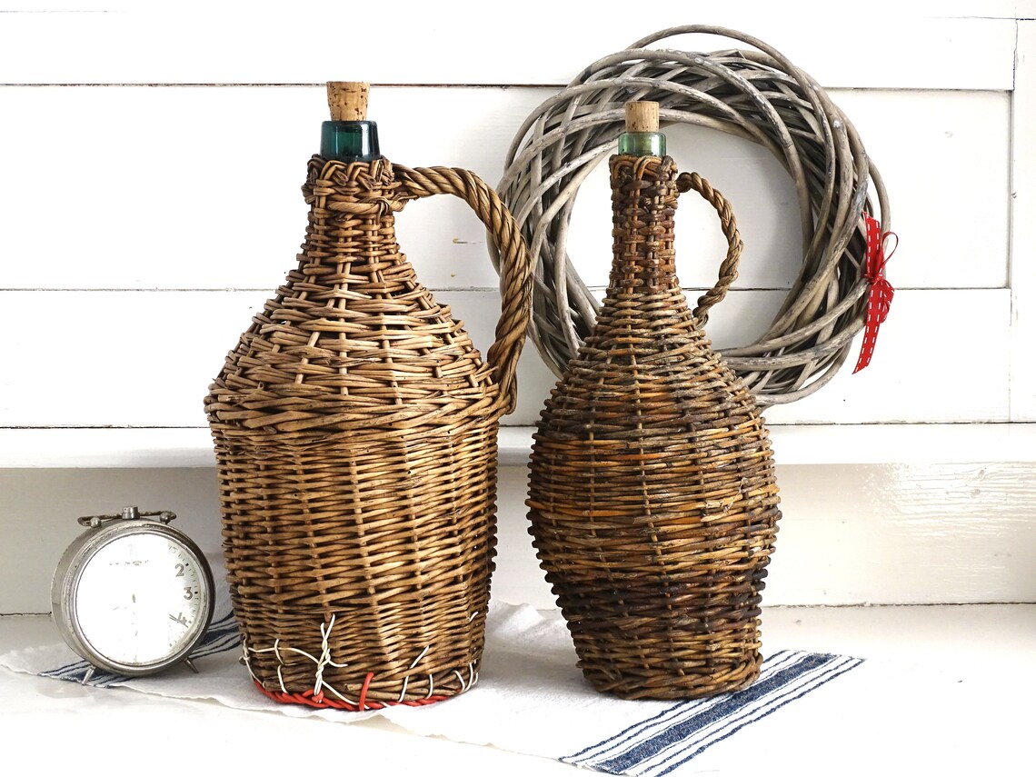 Large European Wicker Demijohn Vintage Woven Basket Wrapp Wine Etsy