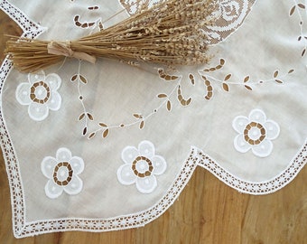 Antique Richelieu Lace Tablecloth: Hand Crochet Floral Embroidery, French Heirloom Linen