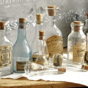 May include: A collection of clear and light blue glass bottles of varying shapes and sizes, each topped with a cork stopper. Several bottles feature aged paper labels with printed text and graphics, including one with a bee illustration.