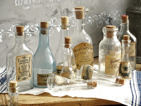 Small Clear Glass Apothecary Bottle, French Country Decor, Vintage Cork Stopper