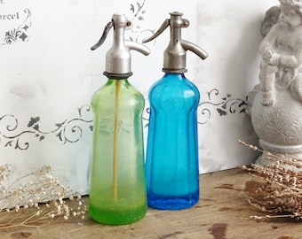 Antique Green Glass Seltzer Bottle, Syphon: Brocante Shabby Chic Decor